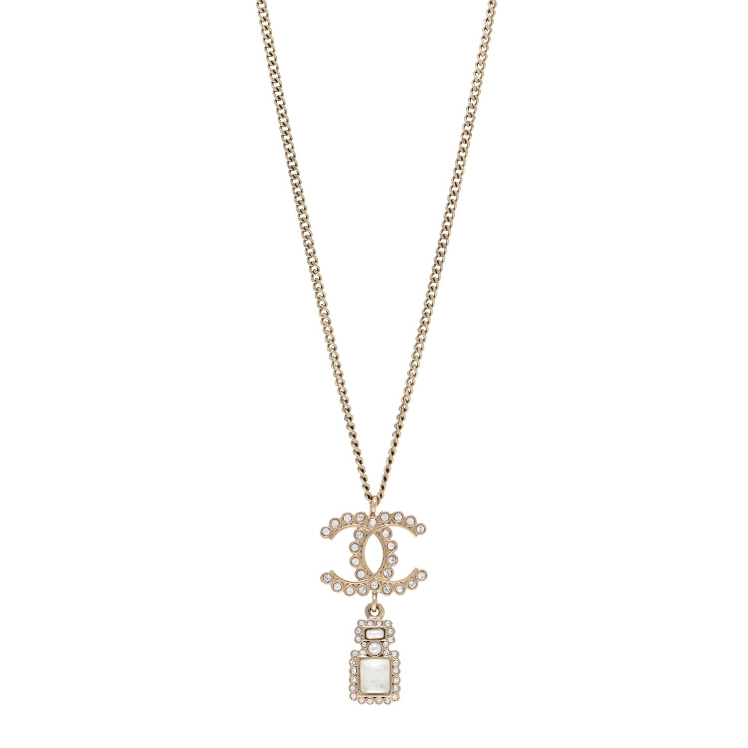 Chanel Crystal Pearl CC Perfume Bottle Necklace Pearly White Gold 1 of 4