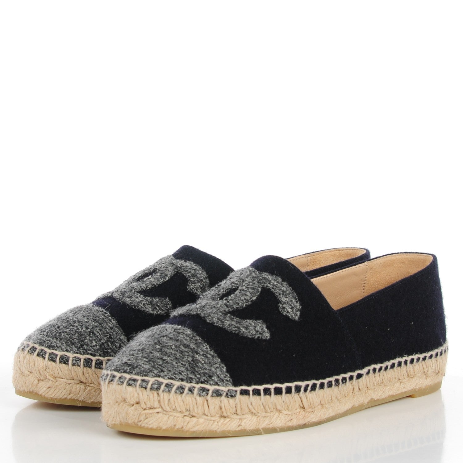 Chanel Velvet Tweed CC Espadrilles 38 Navy Grey 3 of 9