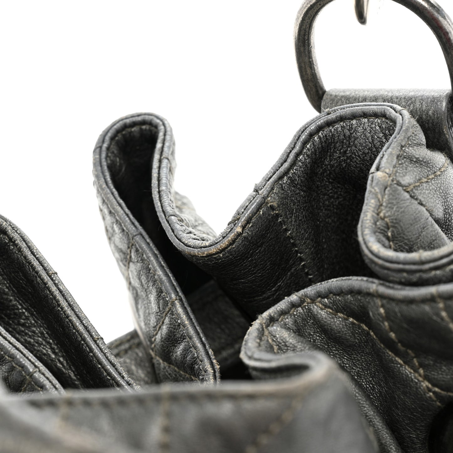 Metallic Lambskin Cannage Drawstring Bag Grey