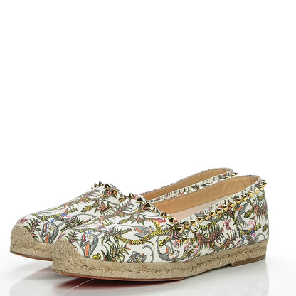 Christian Louboutin CHRISTIAN LOUBOUTIN Canvas Loubi Jungle Print Ares Spikes Flat Espadrilles 40 Ivory 3 of 7