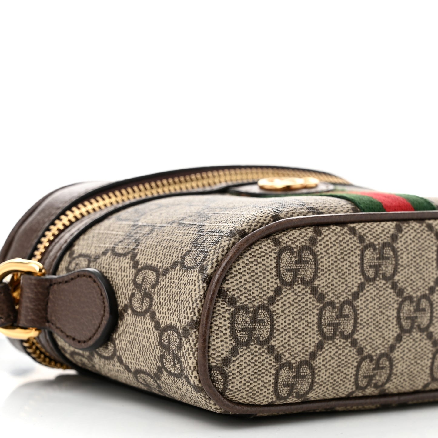 GG Supreme Monogram Textured Calfskin Web Mini Ophidia Top Handle Bag Beige Ebony New Acero