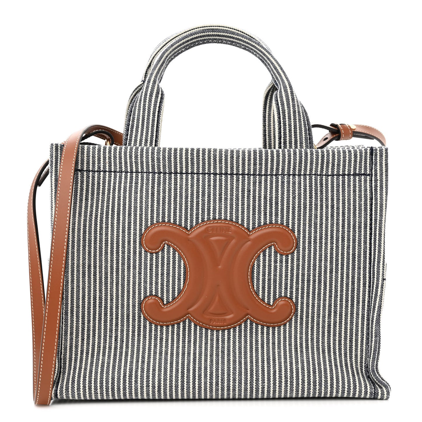 Canvas Calfskin Striped Triomphe Small Cabas Thais Navy Blue