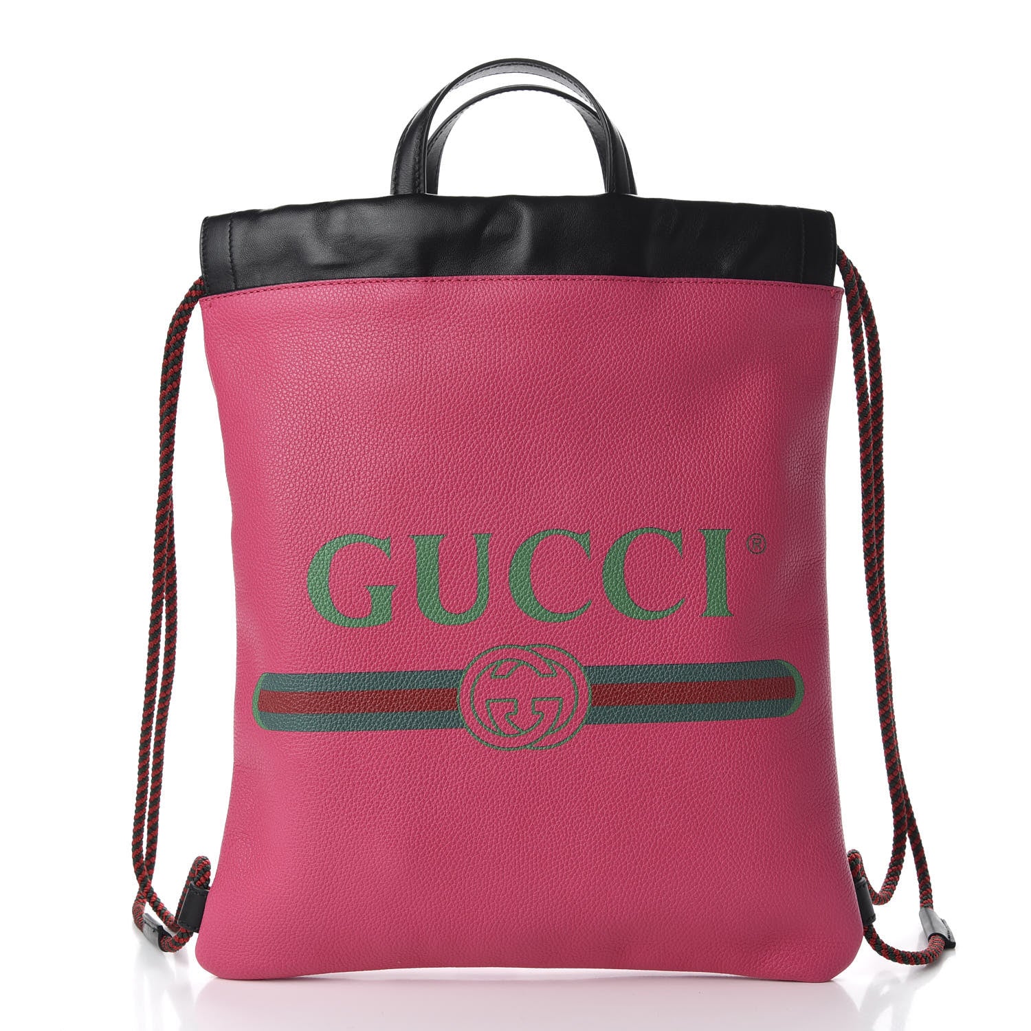 Gucci Grained Calfskin Logo Drawstring Backpack Box Pink Green Black 2 of 9