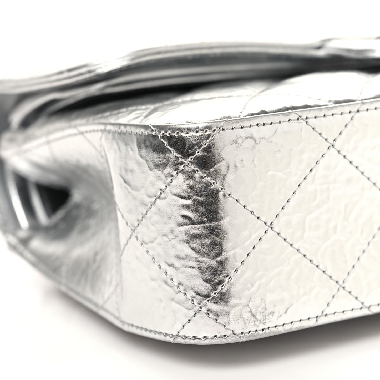 Hammered Metallic Calfskin Quilted Small Double Flap Silver