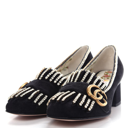 Gucci Kid Scamosciato Crystal GG Marmont Fringe 50mm Loafer Pumps 35.5 Black 3 of 10