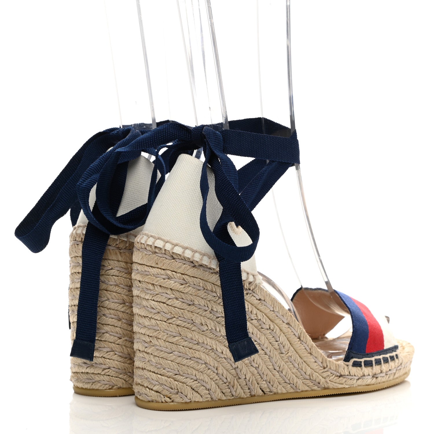 Gucci Canvas Sylvie Web Ankle Wrap Espadrille Wedge Sandals 37.5 Mystic White Hibiscus Red Maritime 4 of 10