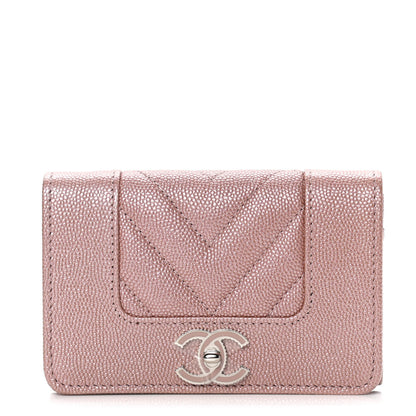 Chanel Metallic Caviar Chevron Quilted Vintage Mademoiselle Flap Card Holder Pink 1 of 4