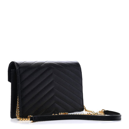 Saint Laurent Grain De Poudre Matelasse Chevron Monogram Envelope Chain Wallet Black 2 of 4
