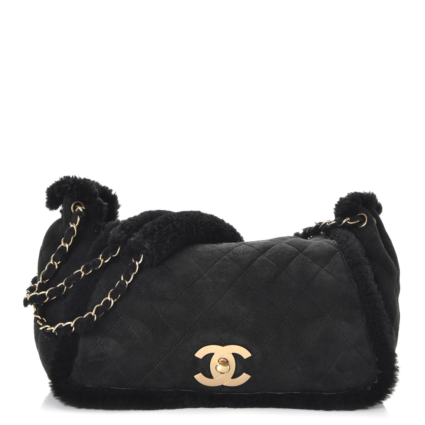 Shearling Suede Quilted Fur Flap Black