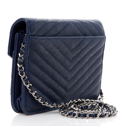 Chanel Goatskin Chevron Quilted Statement Wallet On Chain WOC Navy 3 of 13