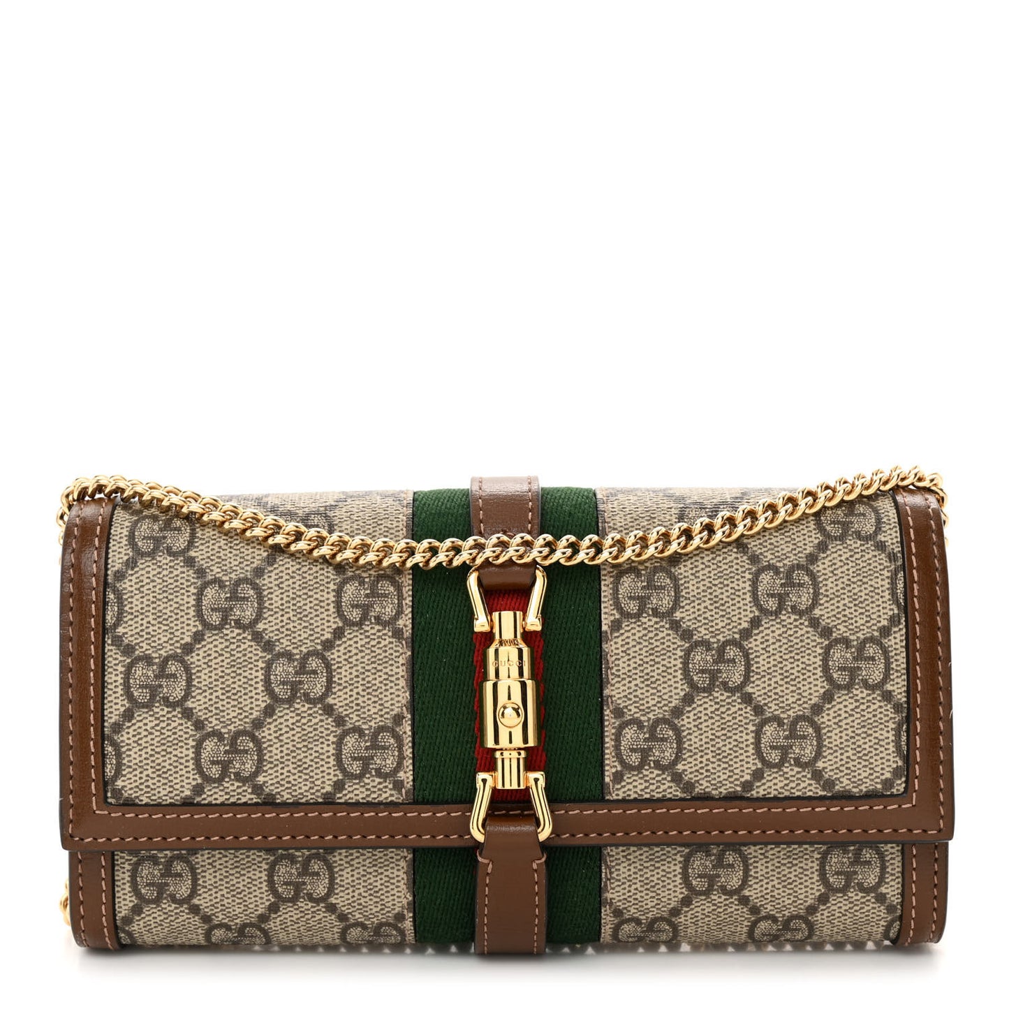 GG Supreme Monogram Azalea Calfskin Web Jackie 1961 Chain Wallet Beige Ebony Brown Sugar