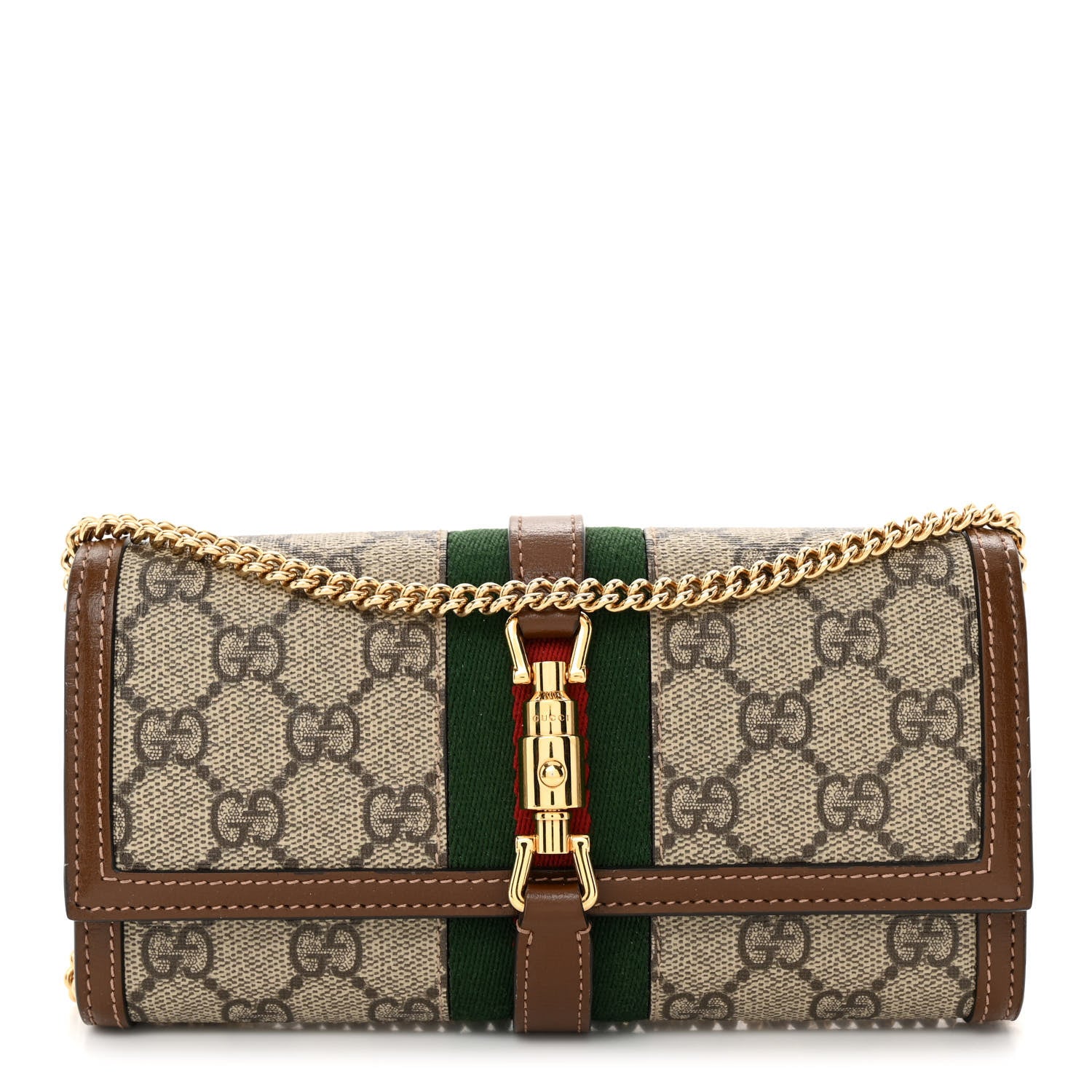 Gucci GG Supreme Monogram Azalea Calfskin Web Jackie 1961 Chain Wallet Beige Ebony Brown Sugar 1 of 14