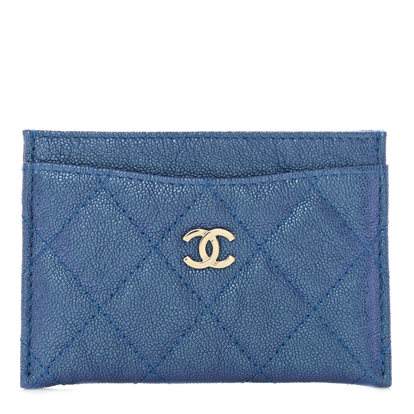 Iridescent Caviar Quilted Card Holder Dark Blue
