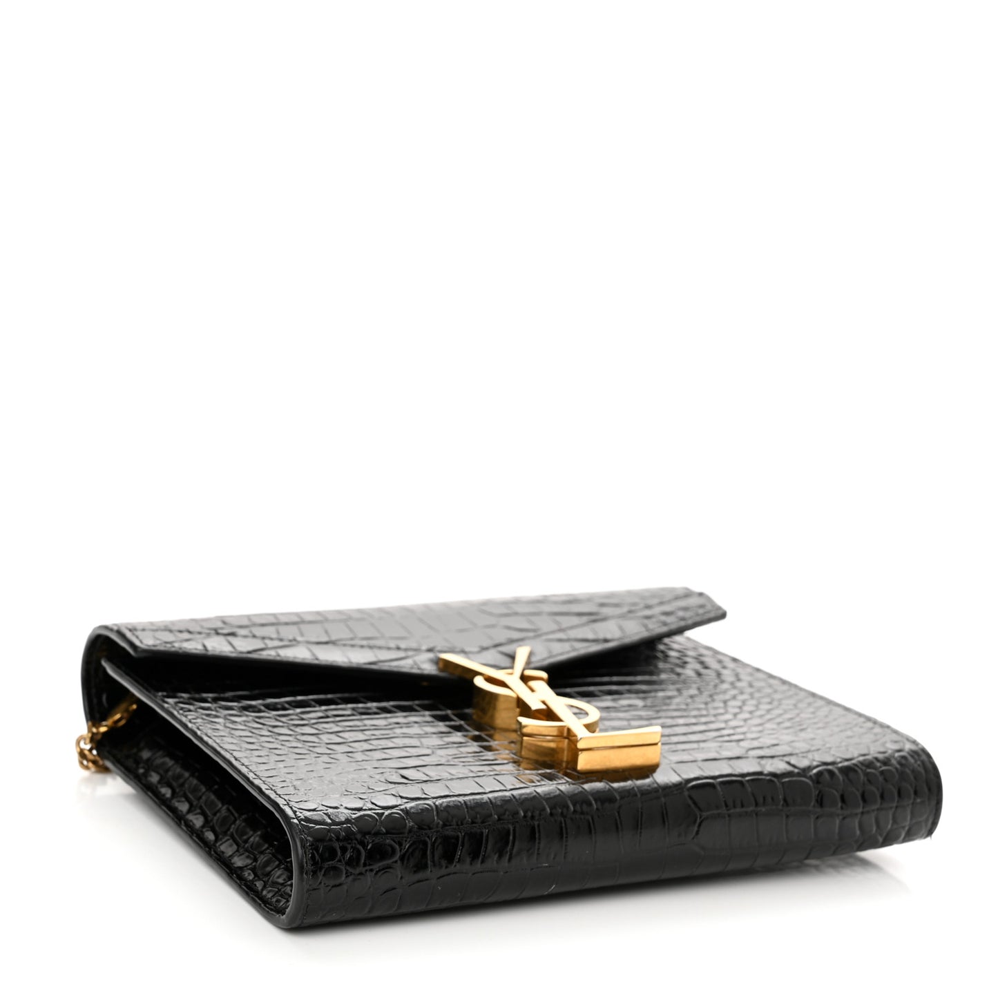Calfskin Crocodile Embossed Monogram Cassandra Chain Wallet Black
