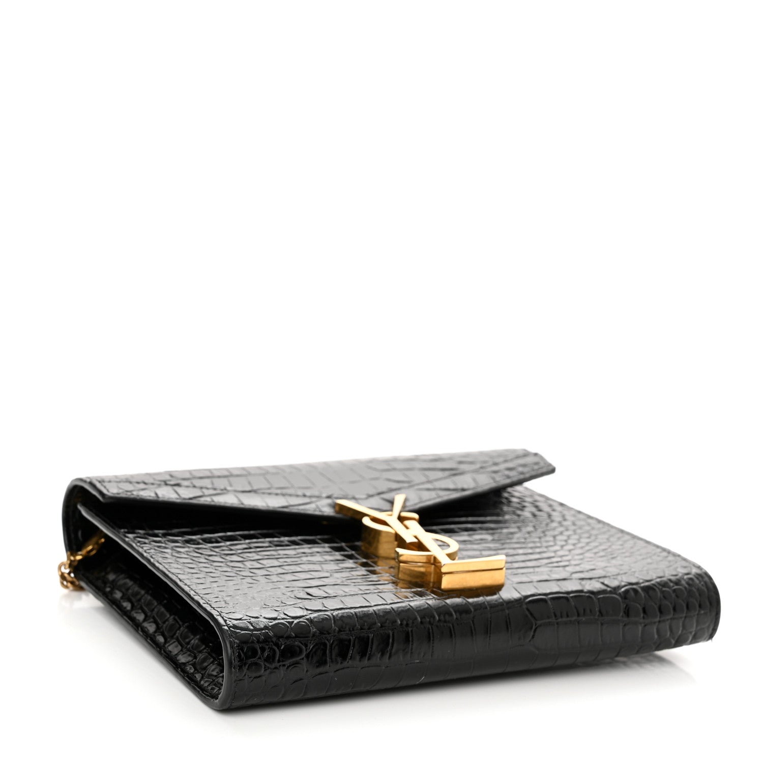 Saint Laurent Calfskin Crocodile Embossed Monogram Cassandra Chain Wallet Black 4 of 11