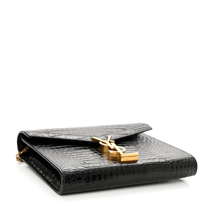 Saint Laurent Calfskin Crocodile Embossed Monogram Cassandra Chain Wallet Black 4 of 11