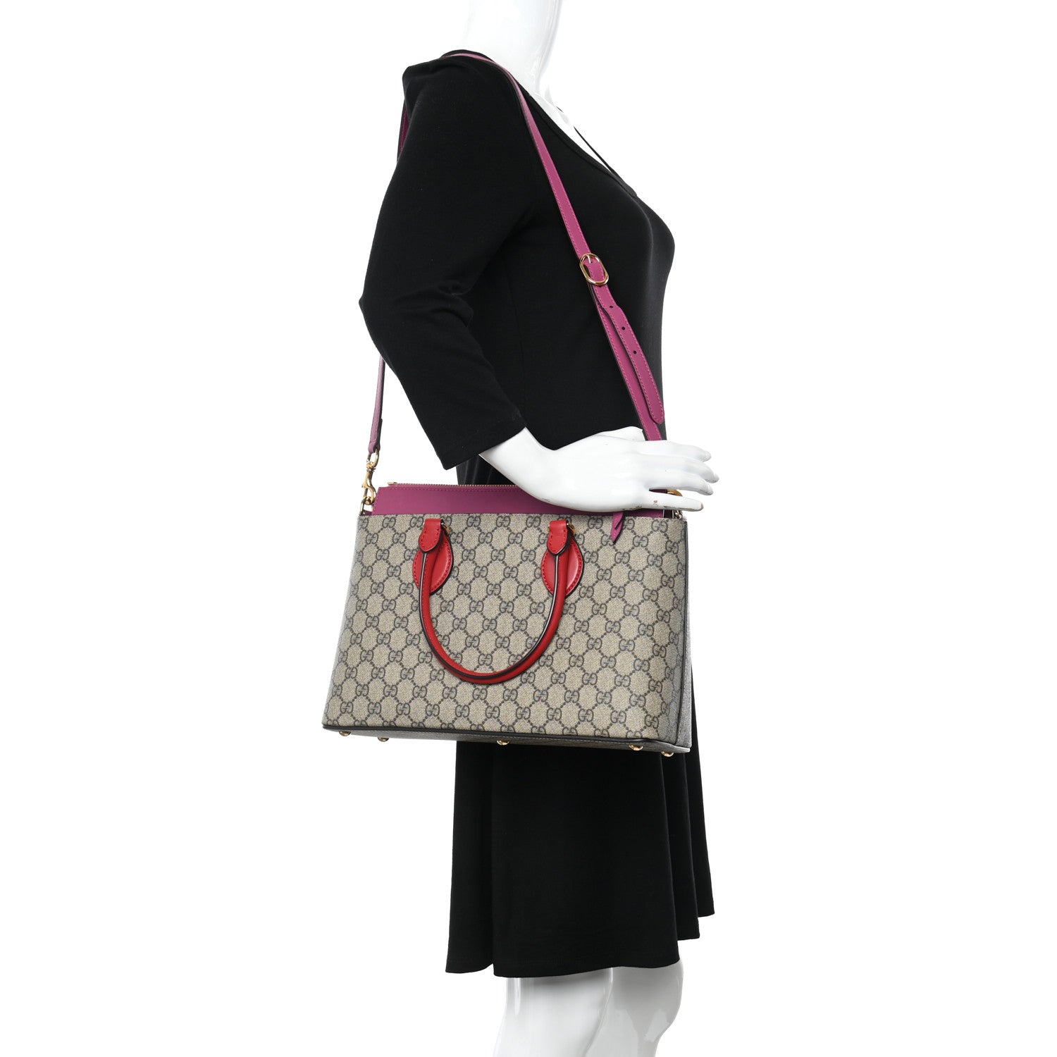 Gucci GG Supreme Monogram Moon Calfskin Small Zip Top Tote Beige Ebony Hibiscus Red New Rosette 2 of 14