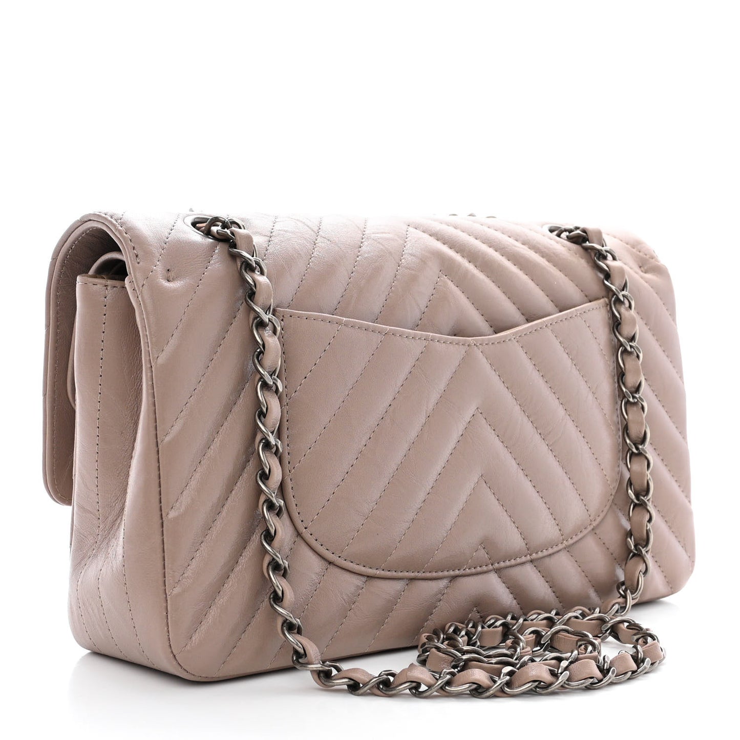 Iridescent Calfskin Chevron Quilted Medium Double Flap Grey