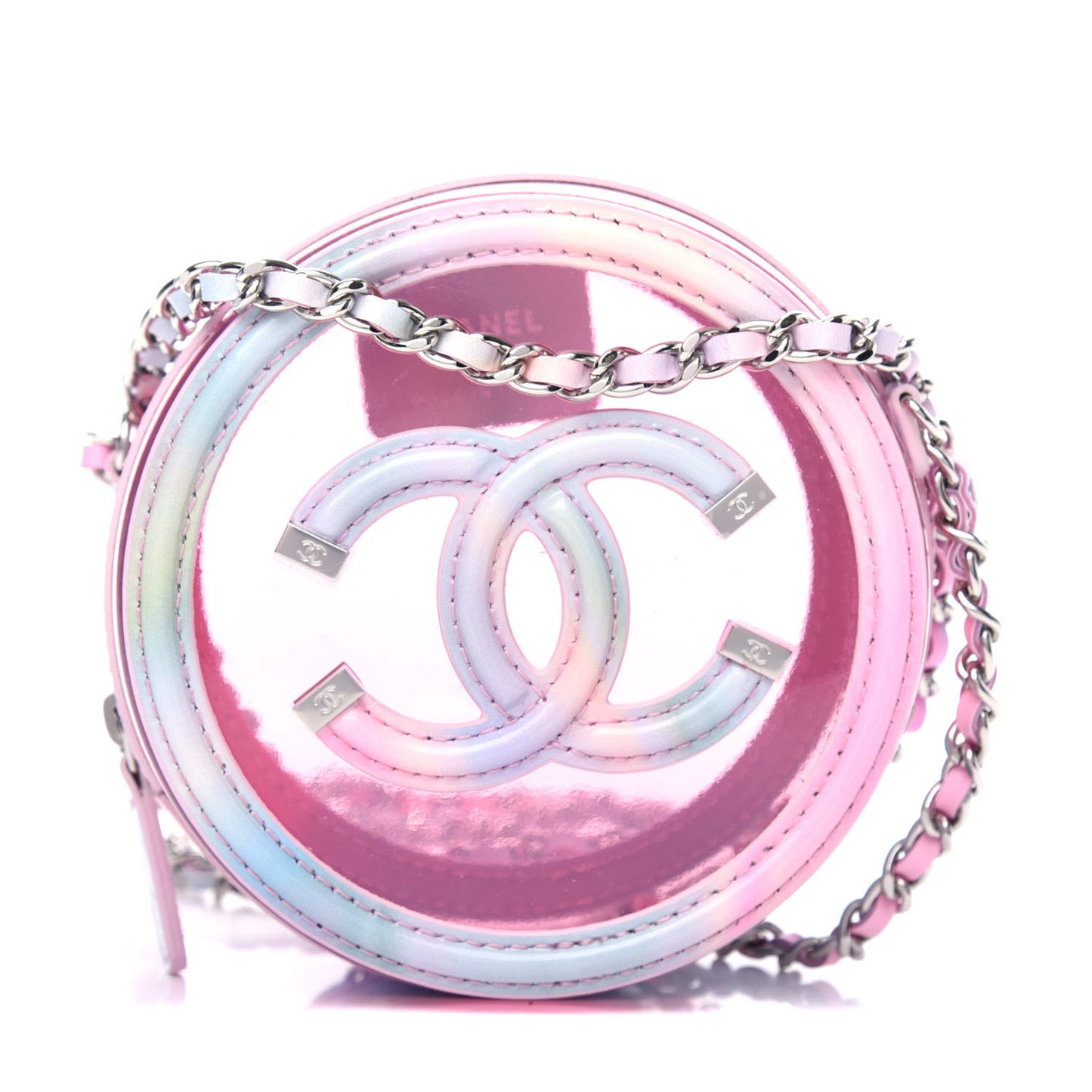 PVC Lambskin Filigree Round Clutch With Chain Pink