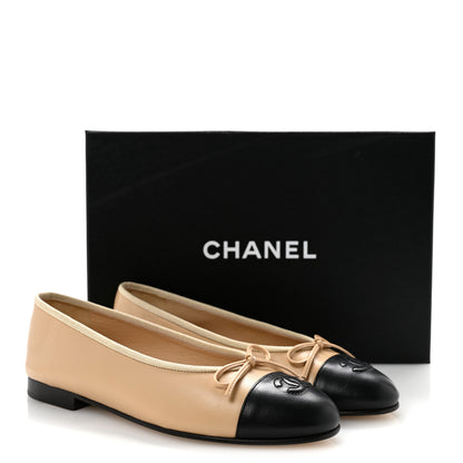 Chanel Lambskin Cap Toe CC Ballerina Flats 38 Beige Black 11 of 11