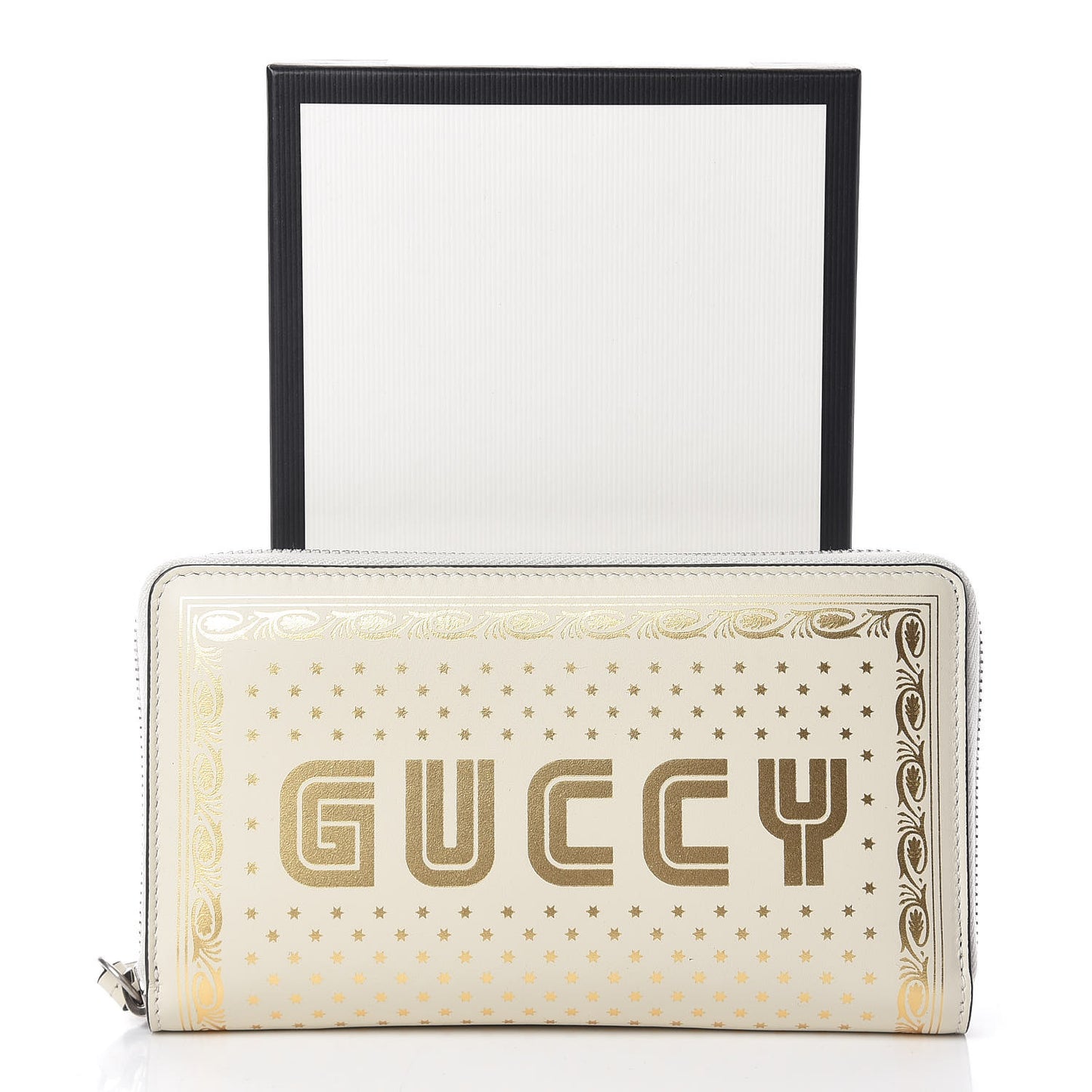 X SEGA Calfskin GUCCY Stars Zip Around Wallet Mystic White Gold