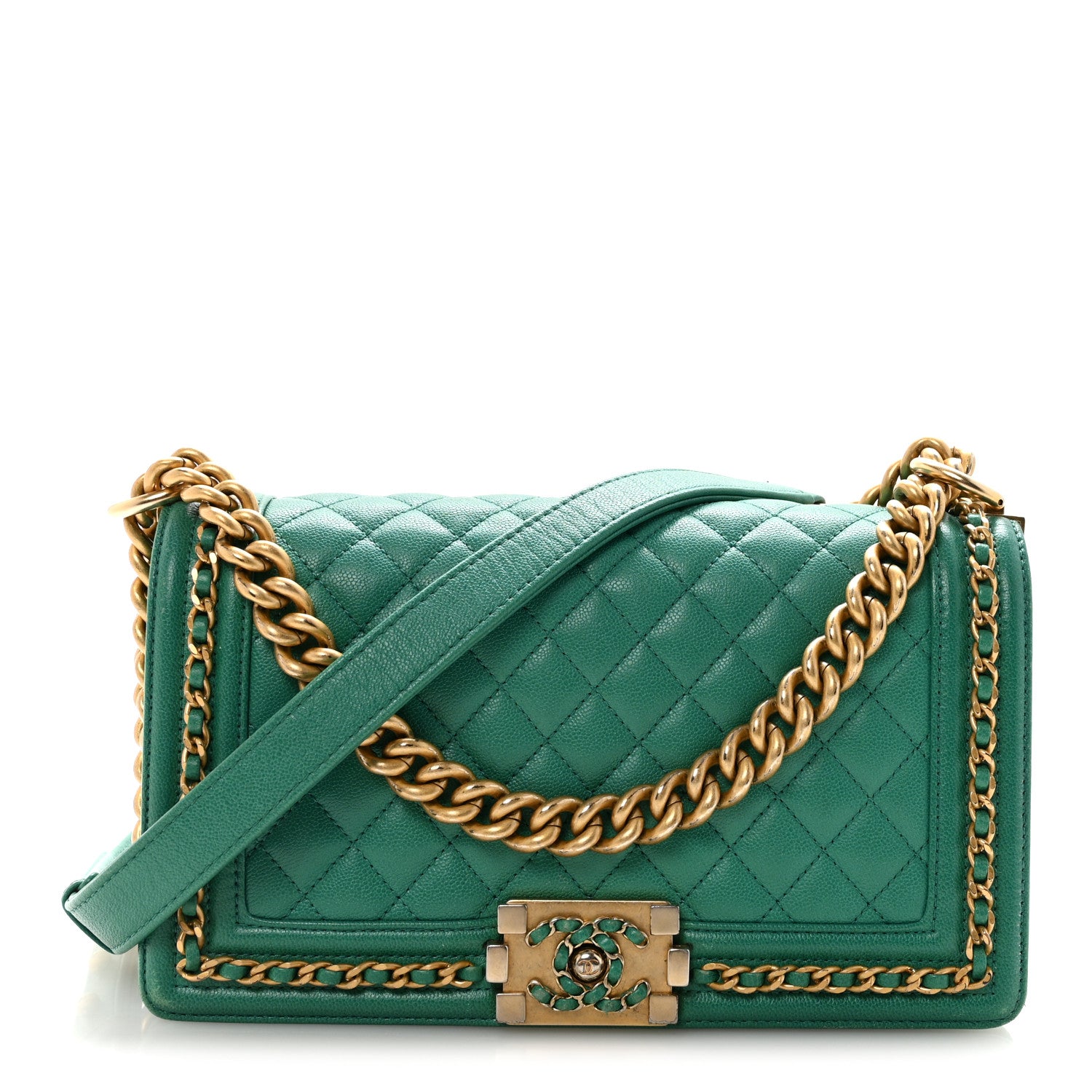 Chanel Caviar Quilted Chain Around Medium Boy Flap Green 2 of 19