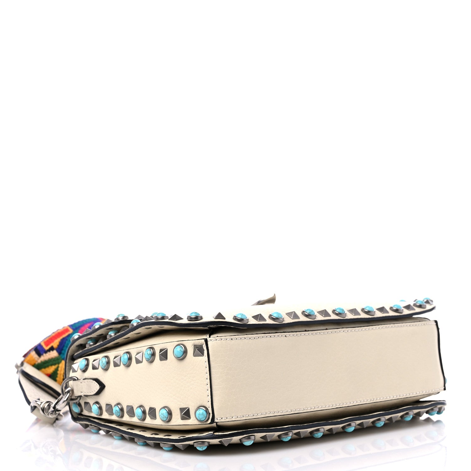 Valentino Garavani Pebbled Calfskin Turquoise Medium Guitar Strap Rockstud Rolling Flap Saddle Bag White 4 of 9