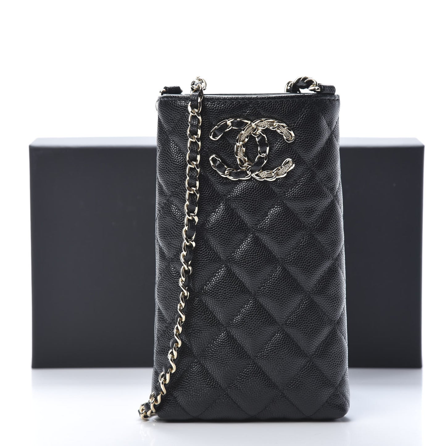 Caviar Quilted French New Wave Phone Holder With Chain Black