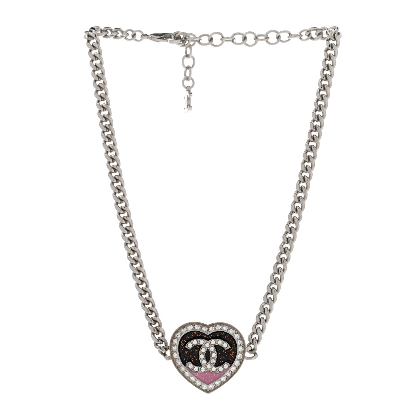 Resin Crystal Glitter CC Heart Necklace Silver