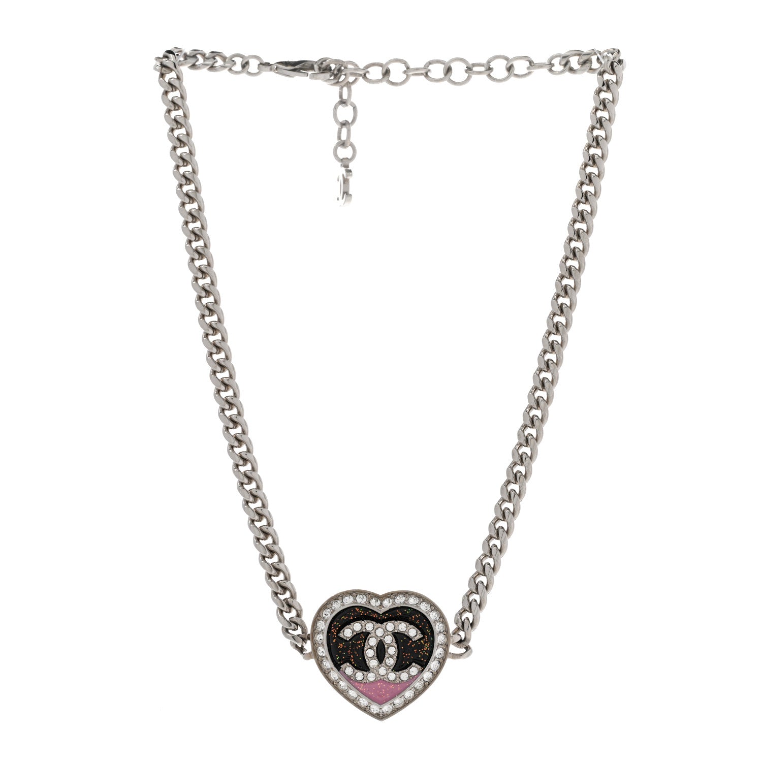 Chanel Resin Crystal Glitter CC Heart Necklace Silver 3 of 7