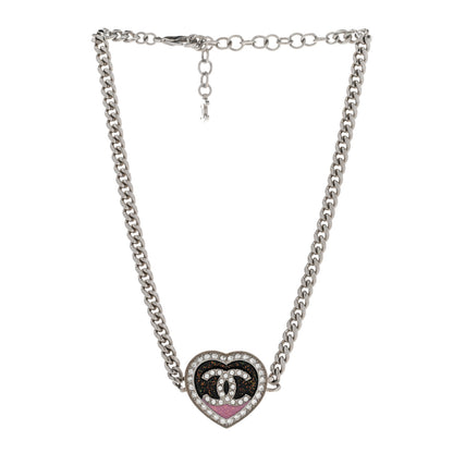 Chanel Resin Crystal Glitter CC Heart Necklace Silver 3 of 7