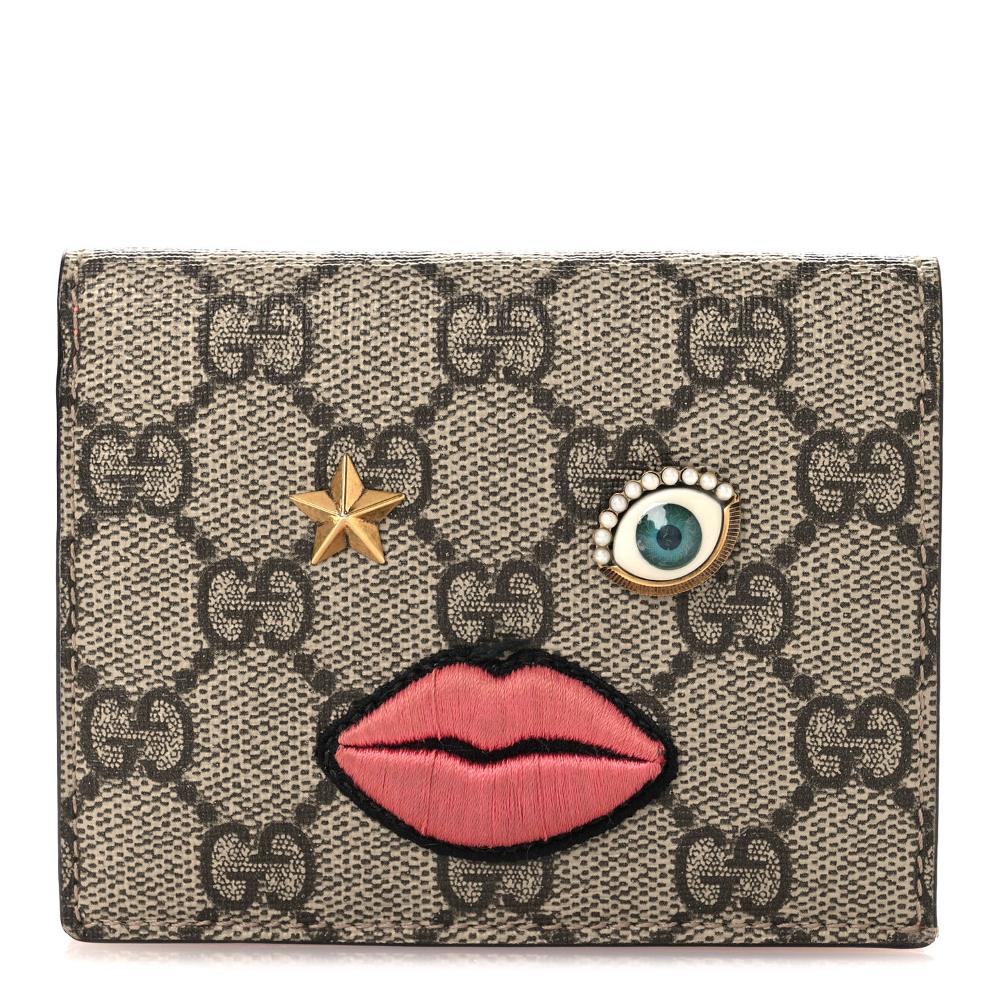 GG Supreme Monogram Face Embroidered Card Case Wallet Pink