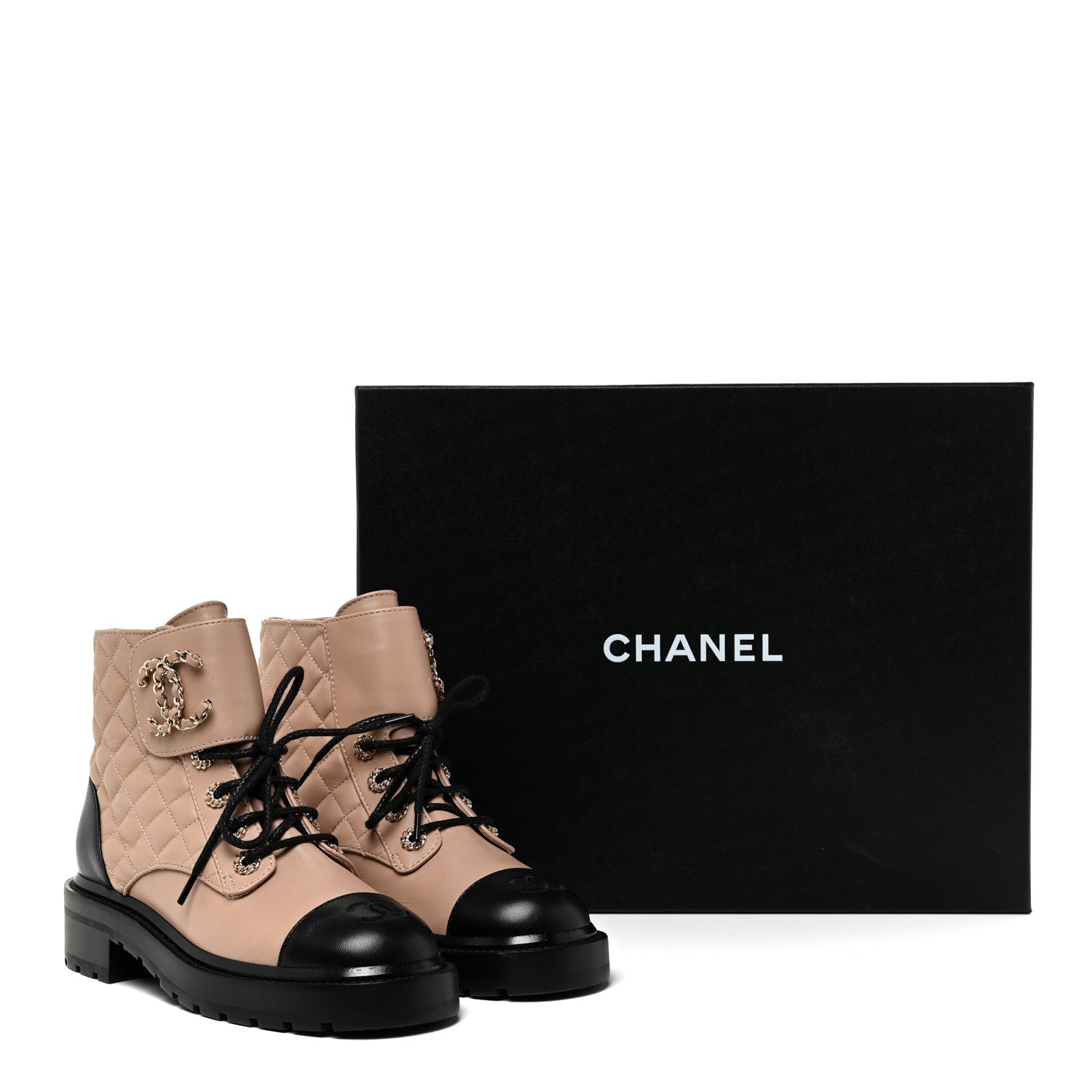 Chanel Lambskin Calfskin Quilted Lace Up Combat Boots 36 Beige Black 13 of 13