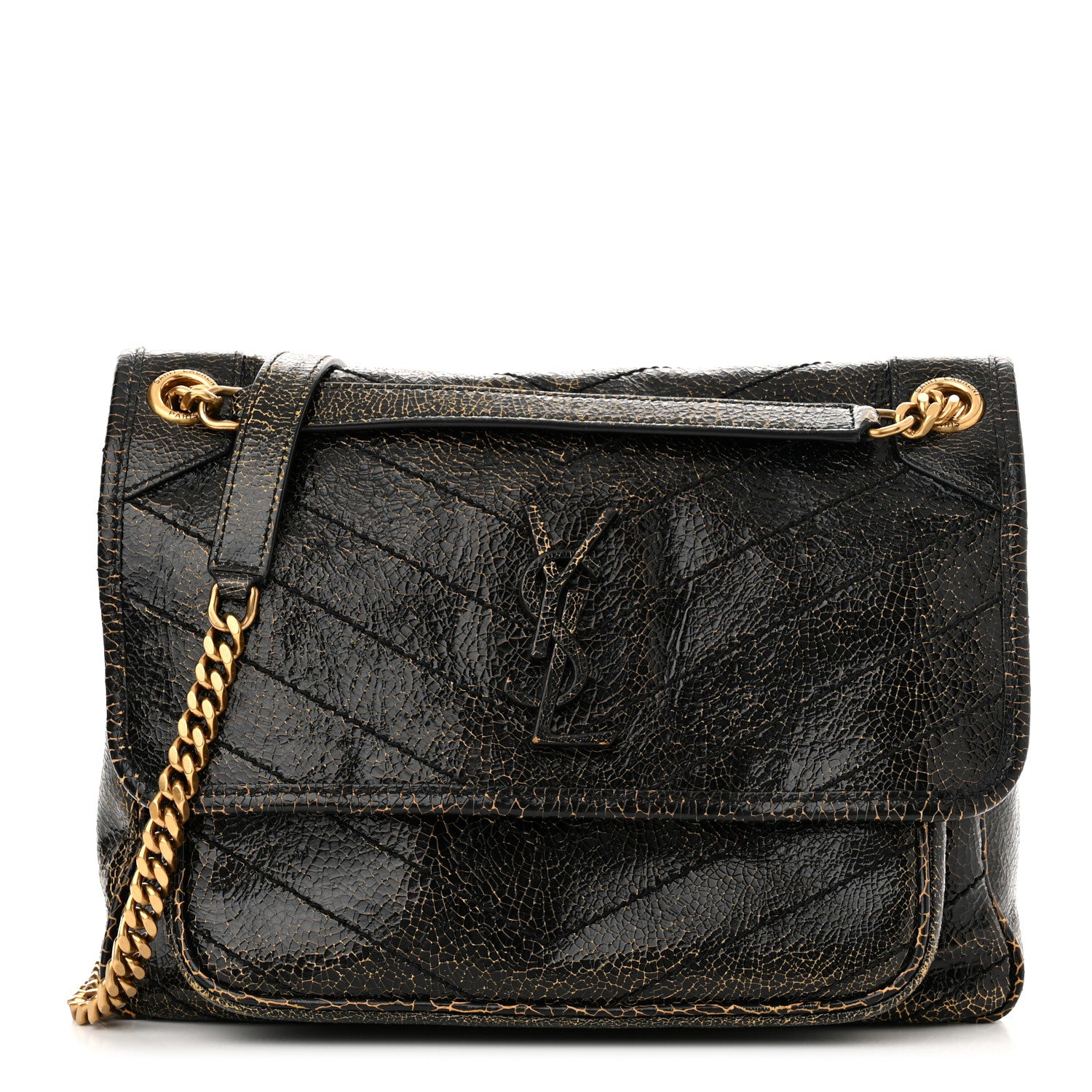 Saint Laurent Crinkled Calfskin Matelasse Monogram Medium Niki Chain Satchel Black Ocra 1 of 11