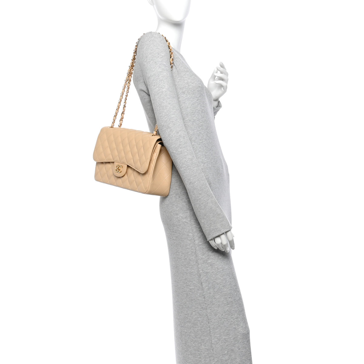 Caviar Quilted Jumbo Double Flap Beige Clair
