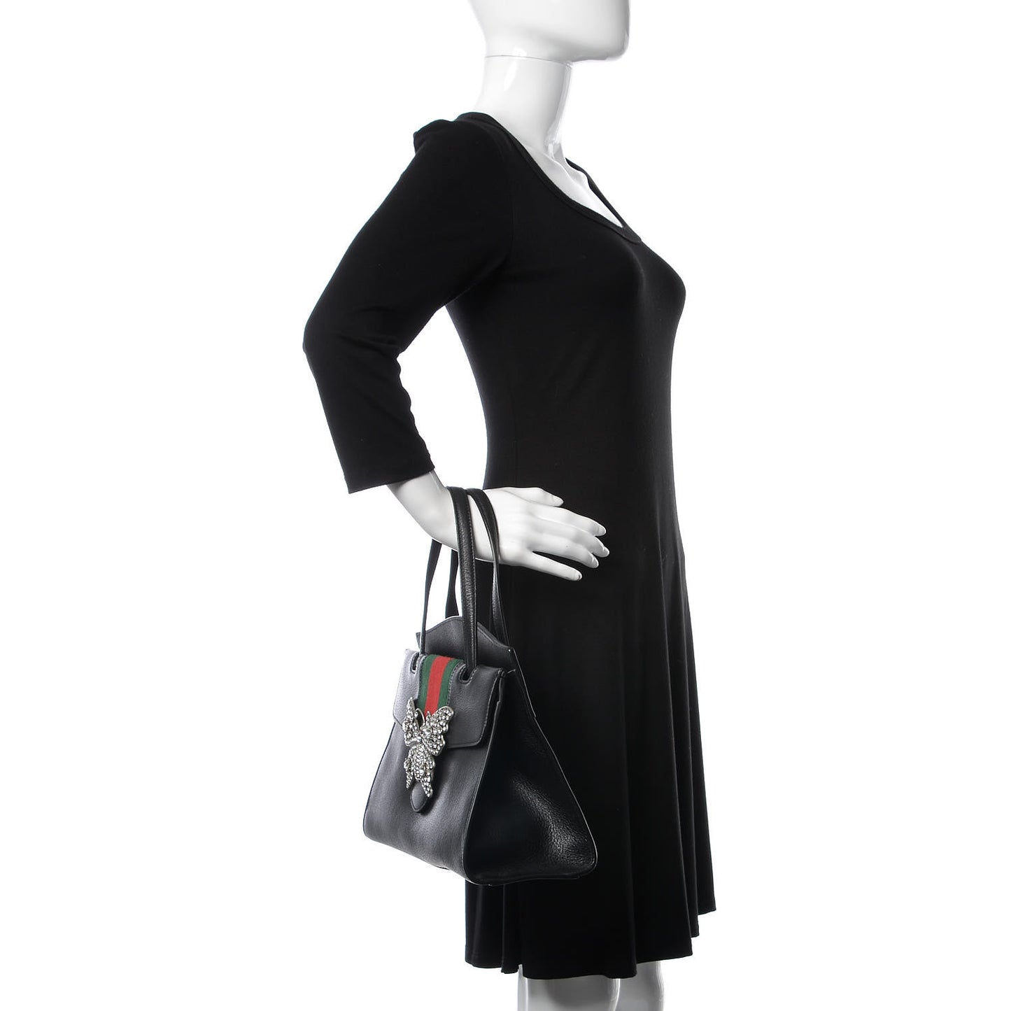 Grained Calfskin Web Crystal Butterfly Stripe Medium Totem Top Handle Bag Black
