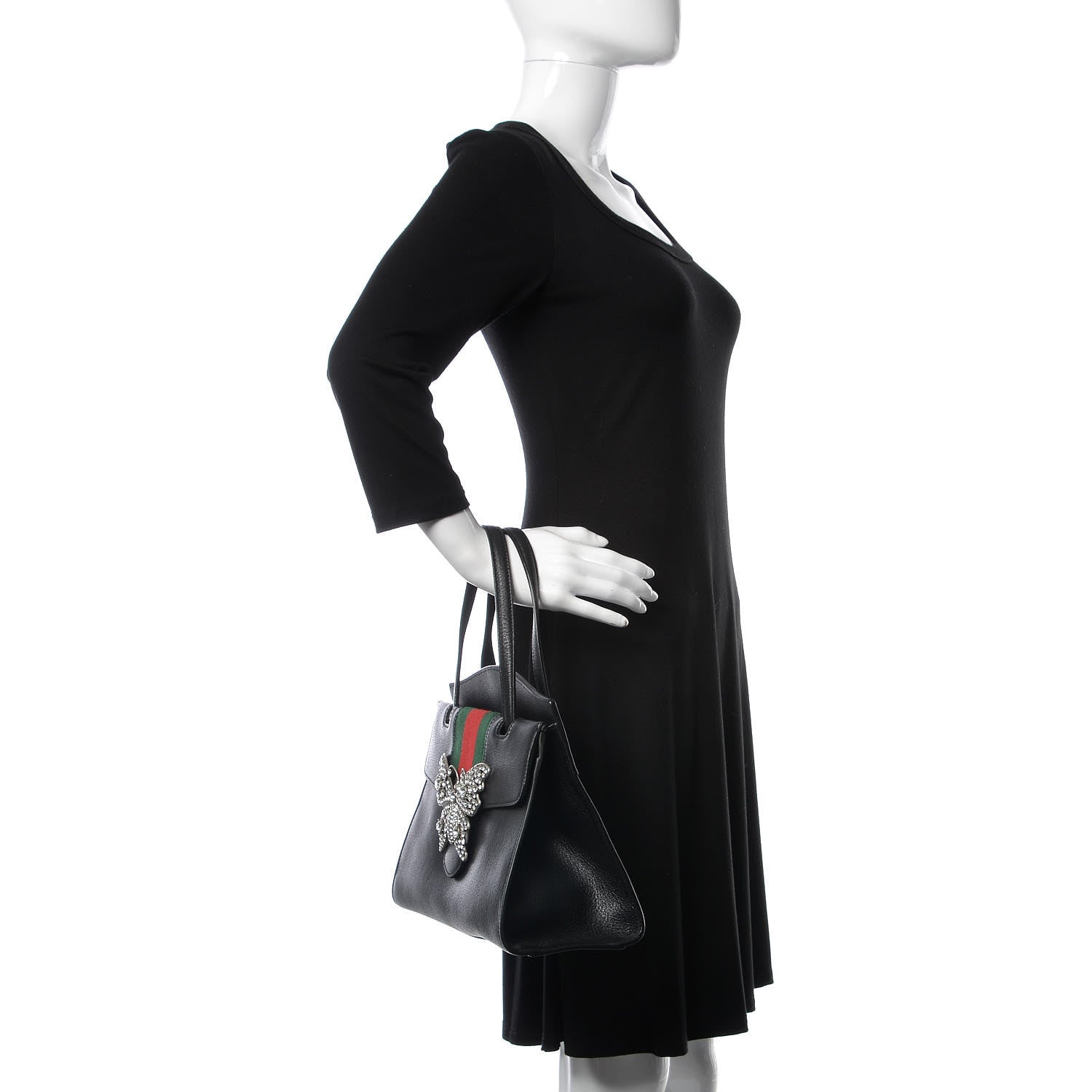 Gucci Grained Calfskin Web Crystal Butterfly Stripe Medium Totem Top Handle Bag Black 3 of 13