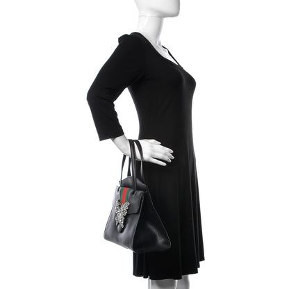 Gucci Grained Calfskin Web Crystal Butterfly Stripe Medium Totem Top Handle Bag Black 3 of 13