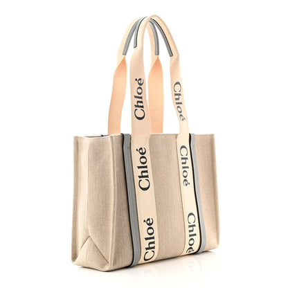 Chloe Linen Calfskin Medium Woody Ribbon Tote White Light Blue 3 of 10