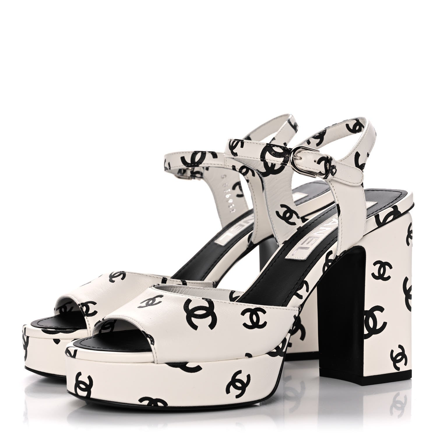 Chanel Printed Lambskin Coco Beach Platform Sandals 37 White Black 3 of 10