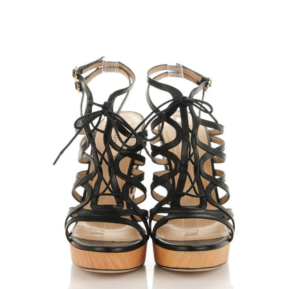 Valentino Garavani Calfskin Lace Applique Wood Wedge Sandals 40 Black 2 of 7