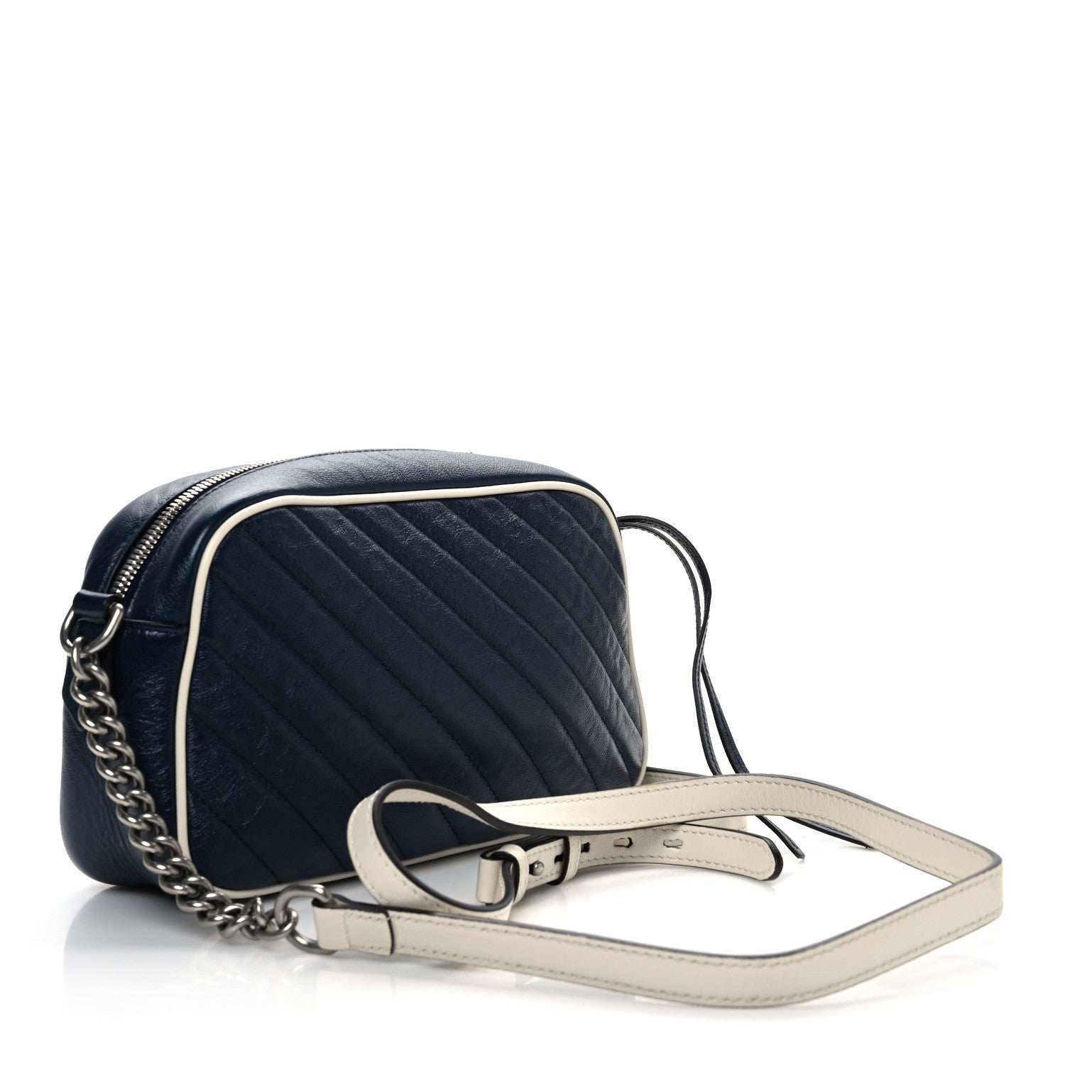 Gucci Vintage Effect Calfskin Matelasse Diagonal Small Torchon GG Marmont Chain Shoulder Bag Blue Agata Mystic White 3 of 11