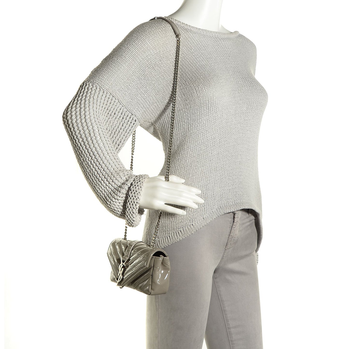 Patent Chevron Mini V Flap Chain Shoulder Bag Light Grey