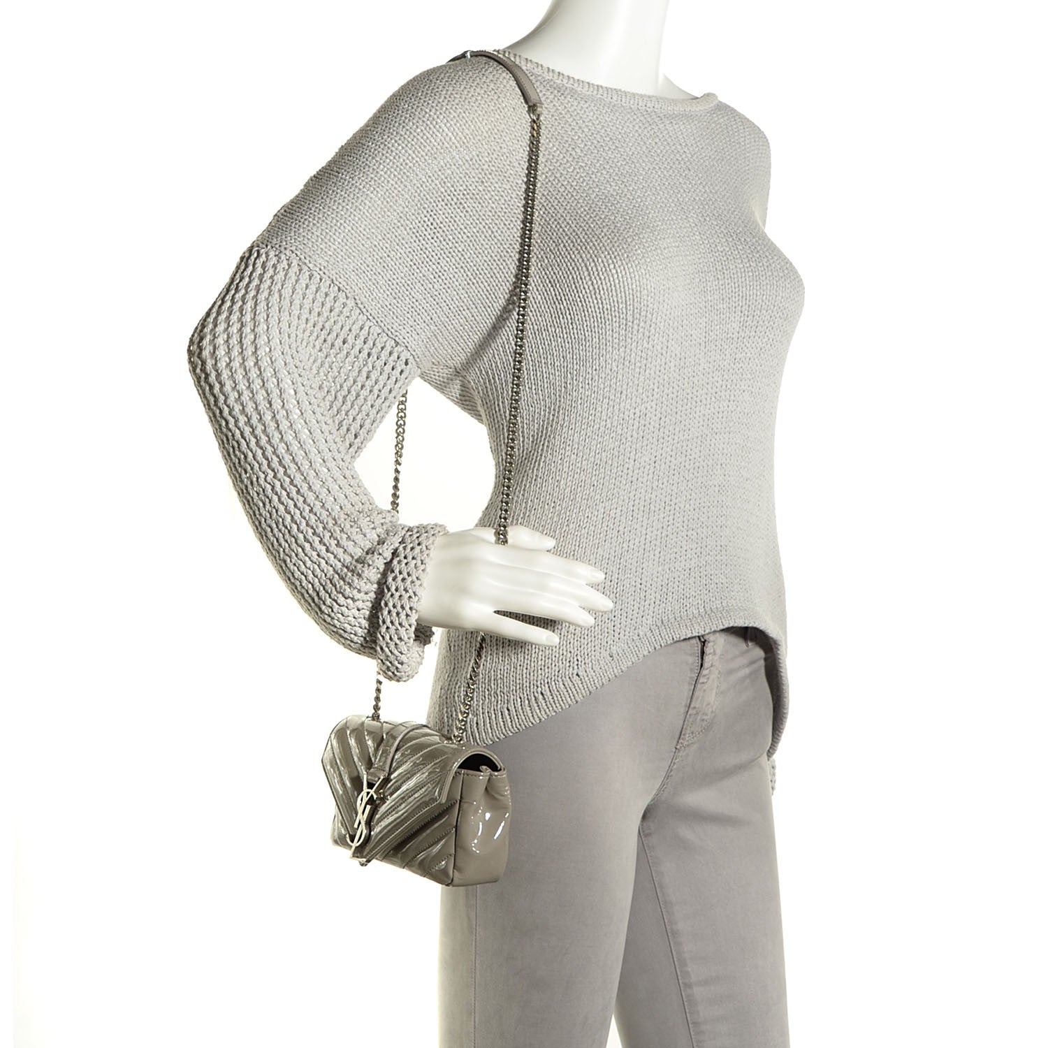 Saint Laurent Patent Chevron Mini V Flap Chain Shoulder Bag Light Grey 2 of 8