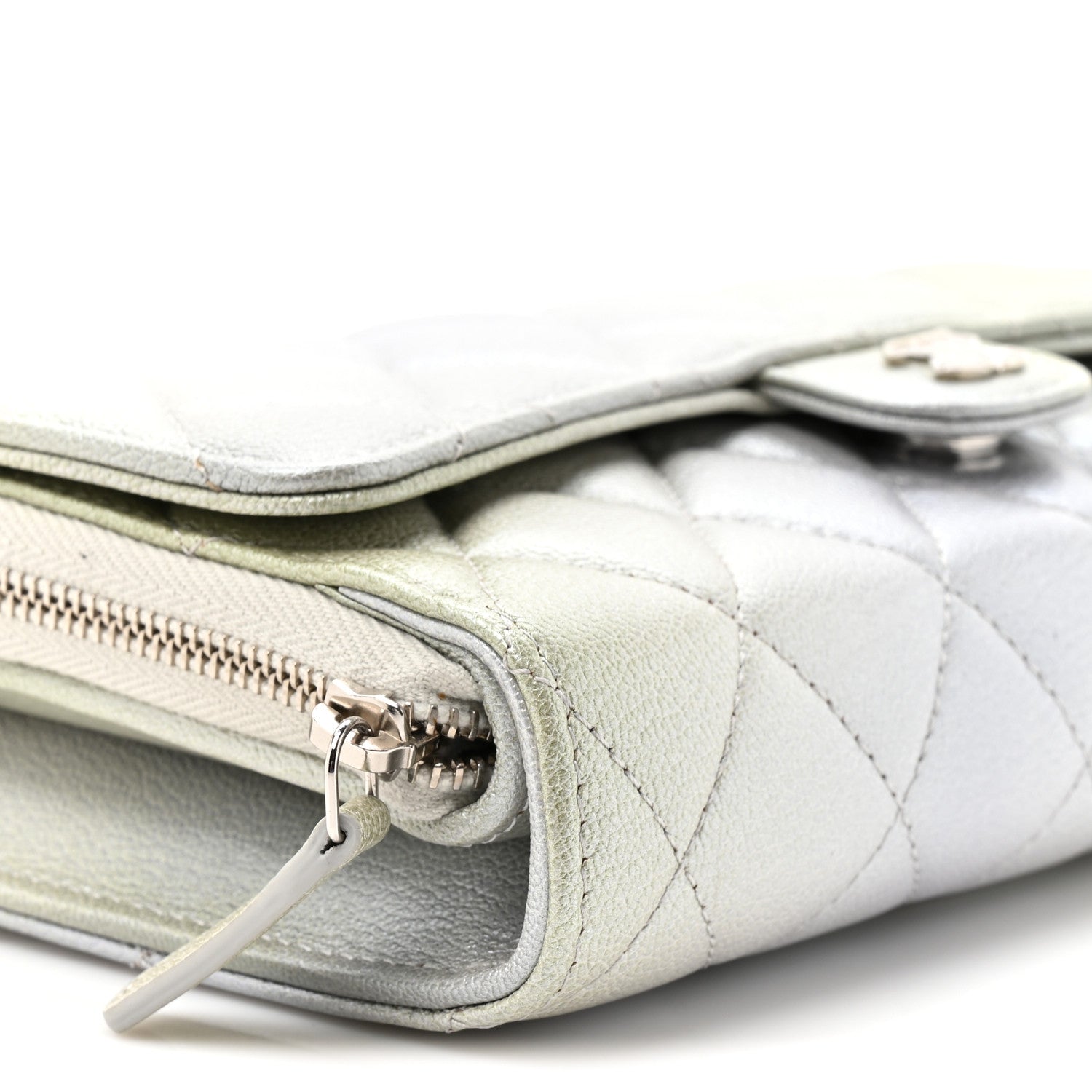 Chanel Metallic Goatskin Quilted Ombre Phone Holder Wallet on Removable Chain Grey Green 13 of 13