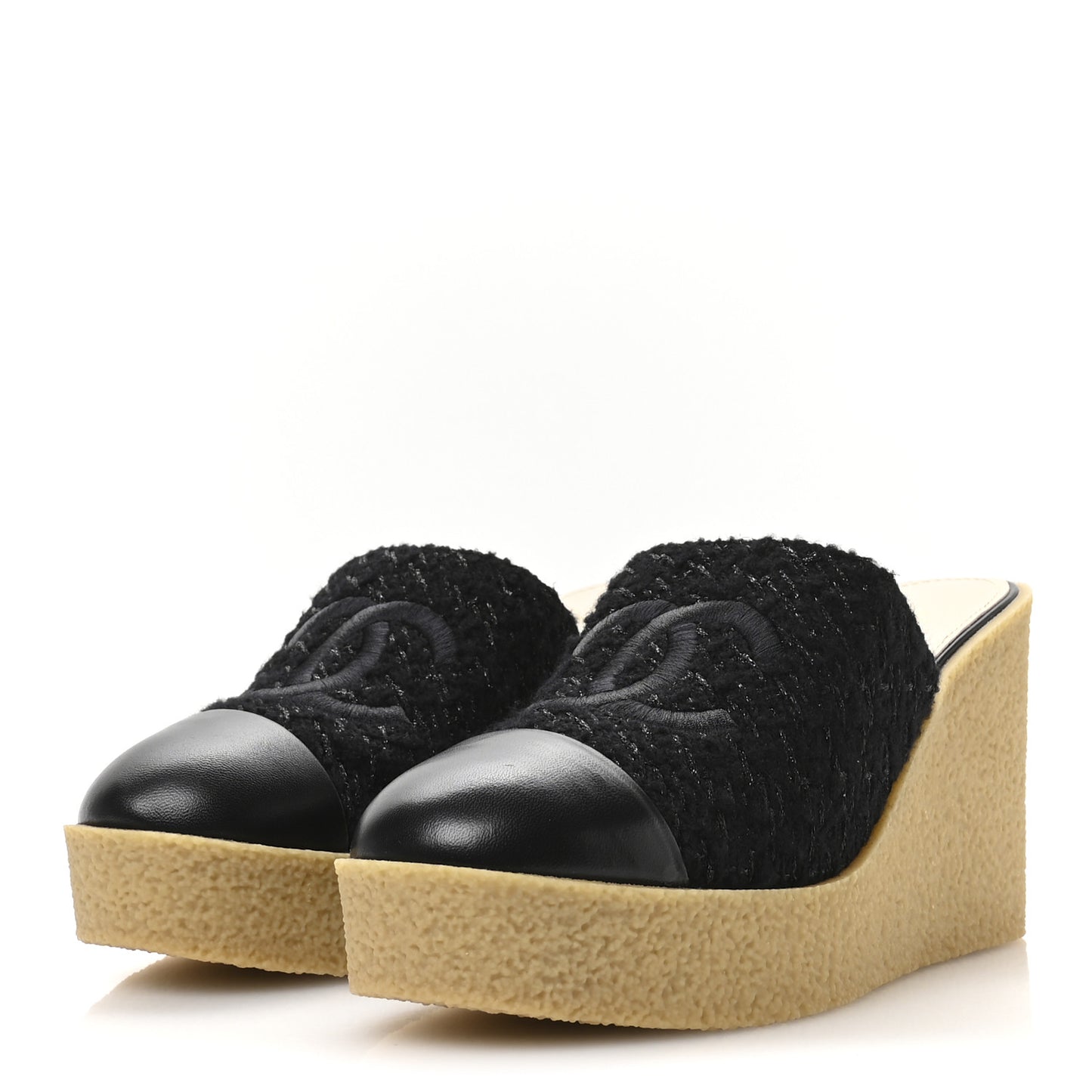 Iridescent Wool Tweed Lambskin CC Mules 39 Black