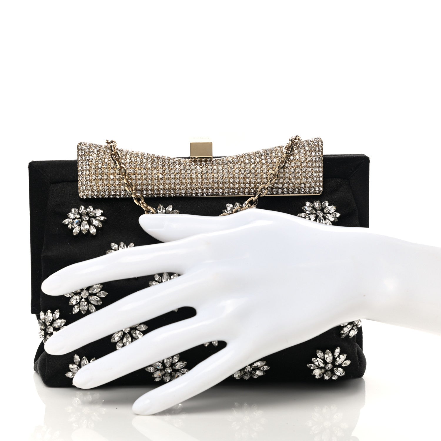 Valentino Garavani Satin Crystal Flower Embellished Clutch Black 2 of 9