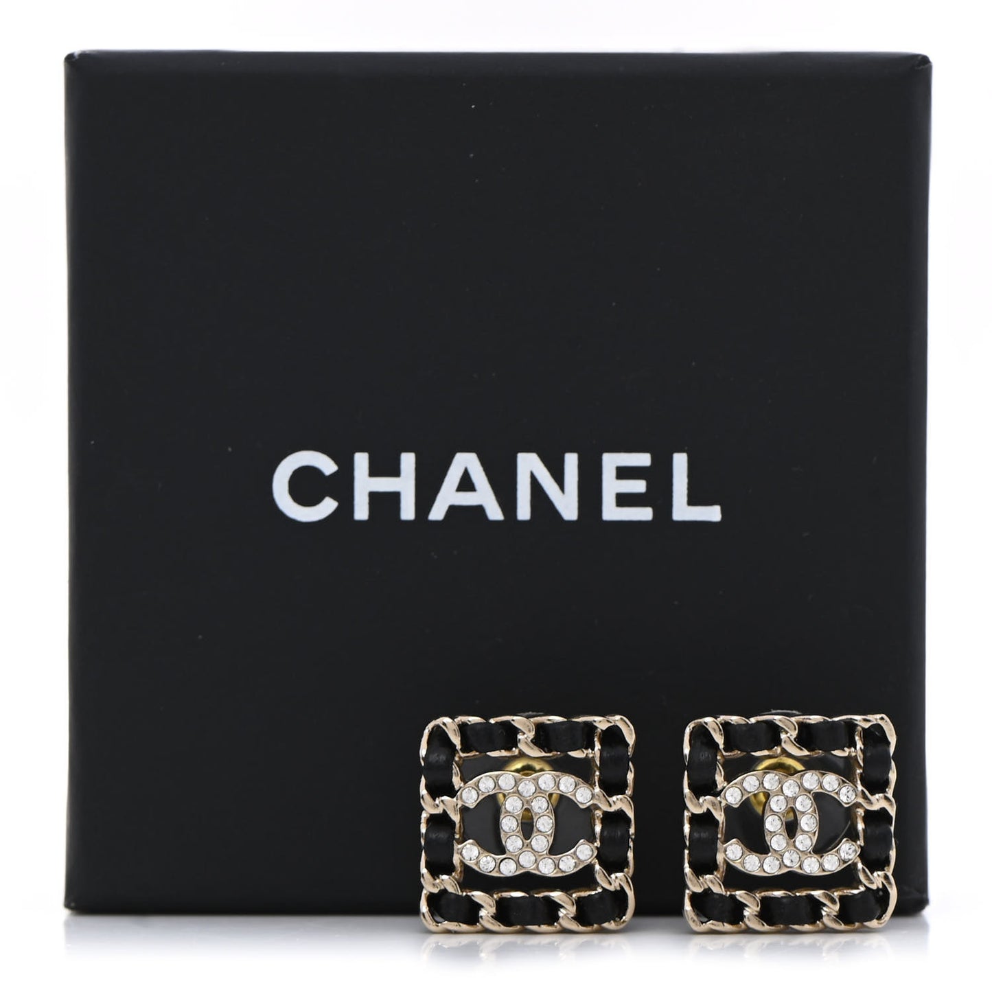 Crystal Lambskin Chain Sergeant Chanel Stud Earrings Black Gold