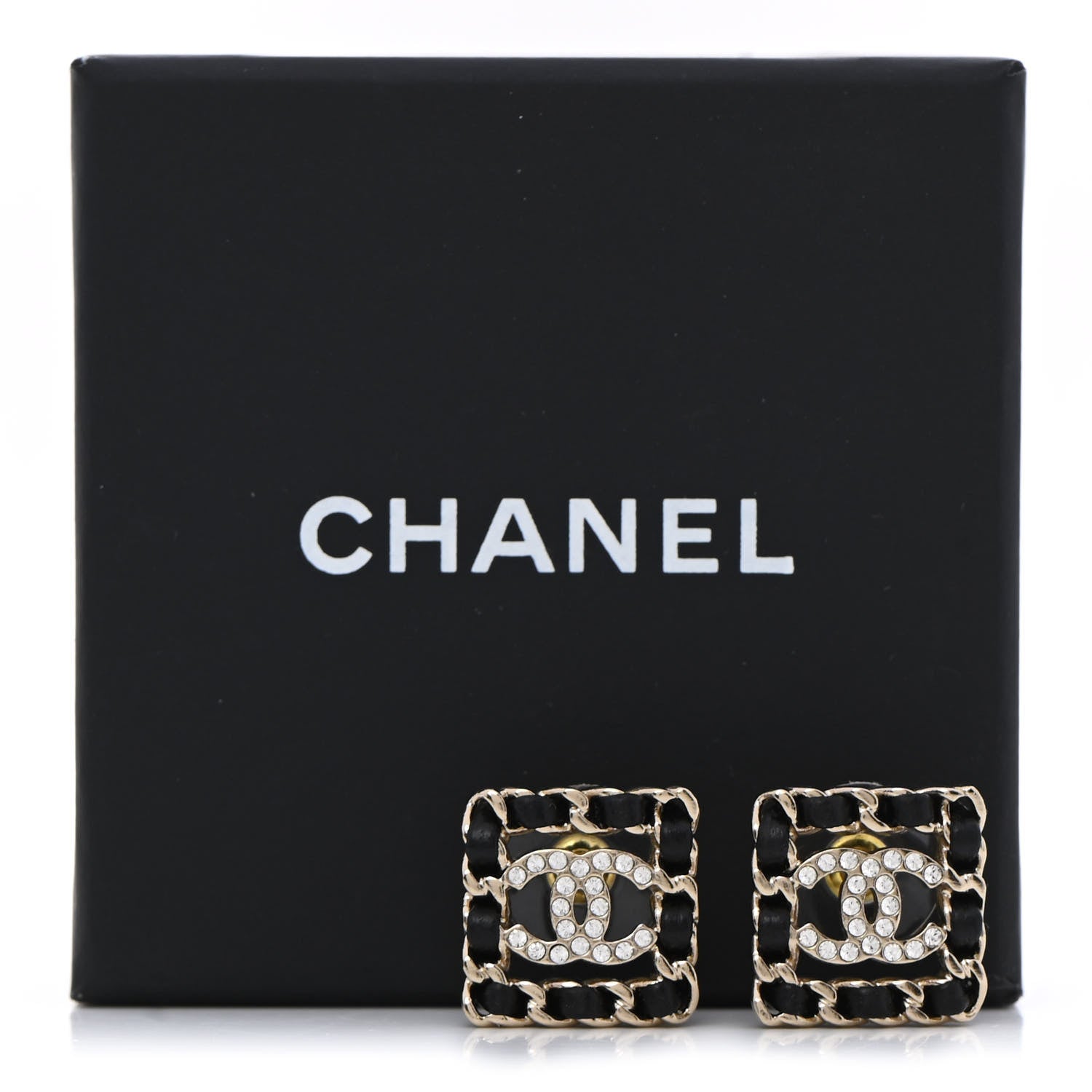Chanel Crystal Lambskin Chain Sergeant Chanel Stud Earrings Black Gold 5 of 5