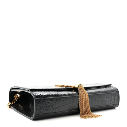 Saint Laurent Calfskin Crocodile Embossed Medium Classic Monogram Kate Tassel Satchel Black 4 of 9